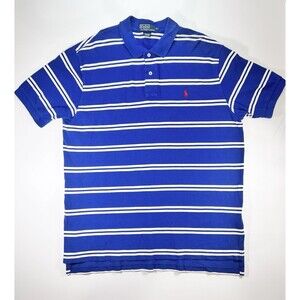 Ralph Lauren Polo Shirt XL Cobalt‎ Blue W/ White Stripes Red Horse . Preppy VTG